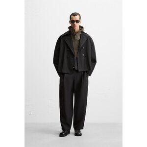Zara Mens Black Cropped Trench Coat M Double Breasted Long Sleeve 8281/101 NWT